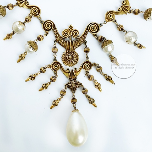 Baroque Faux Pearl Necklace Gilt Scroll Chain by Stephanie Lake Design Vintage - Picture 3 of 9